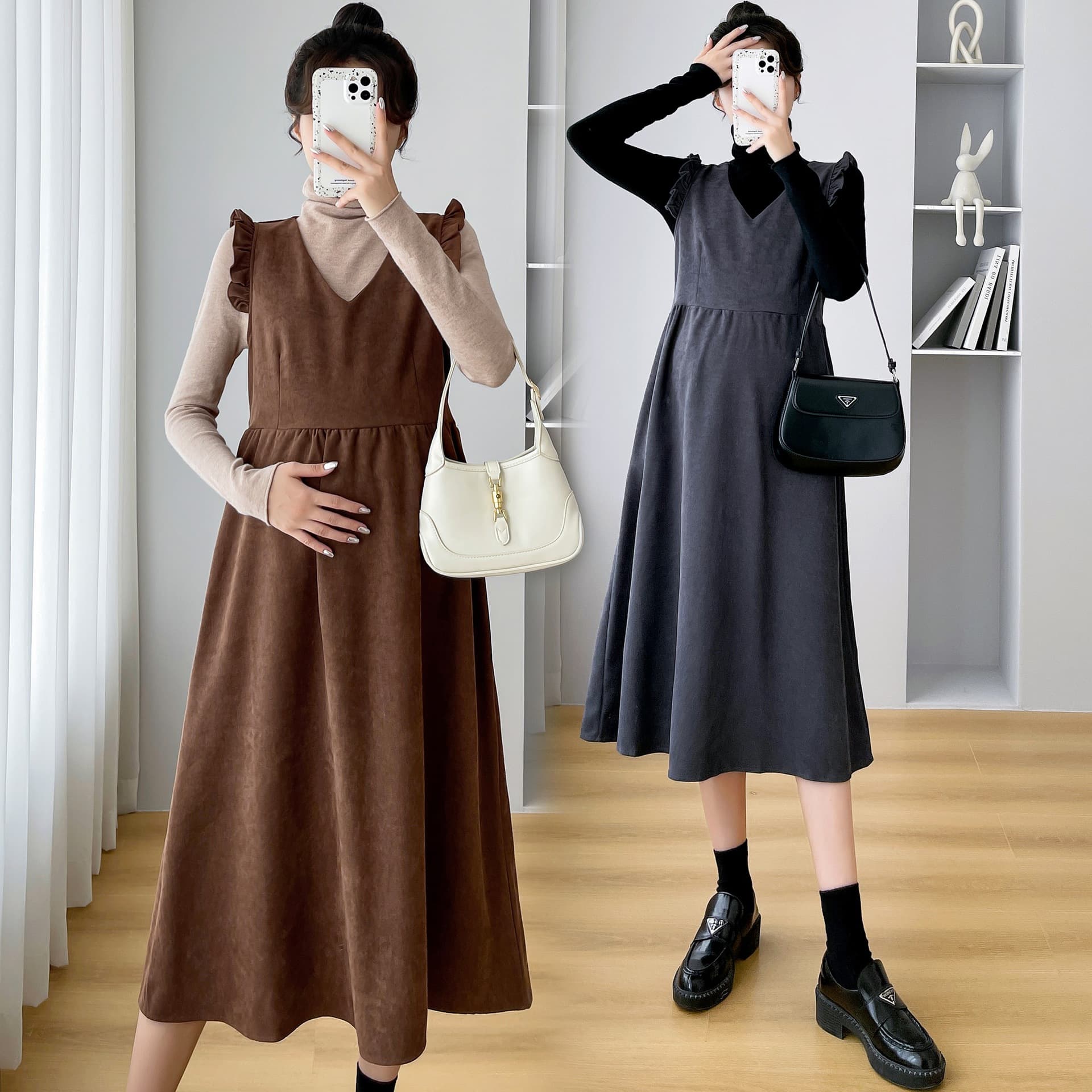 In-stock Maternity Wear 2025 Fall/Winter New Style Versatile Flutter Sleeve V-Neck Maternity Jumpsuit Two-Piece Set 8359