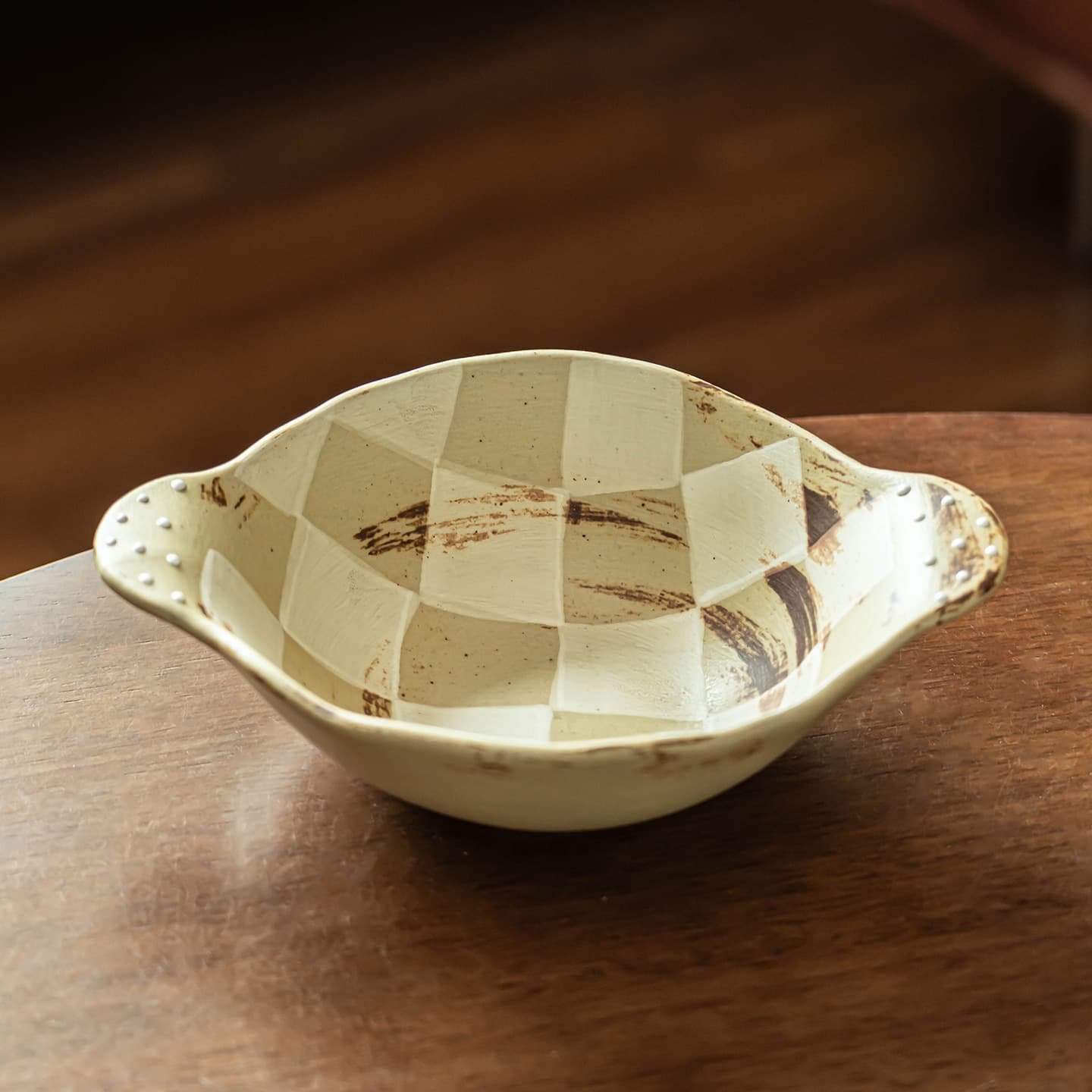 Retro checkerboard stoneware double-ear bowl ceramic salad bowl household Japanese tableware noodle bowl soup bowl B&B commercial bowl