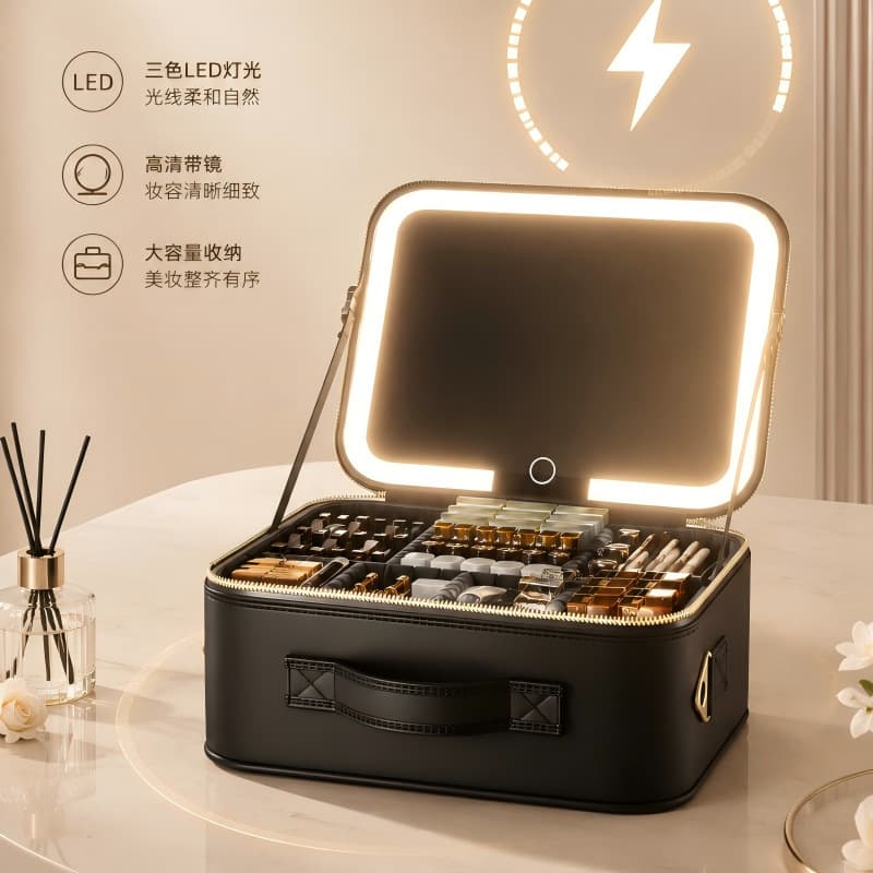 LED Makeup Case with Mirror, Large Capacity Portable Handheld Cosmetic Bag with Compartments, Storage Organizer for Makeup Artists