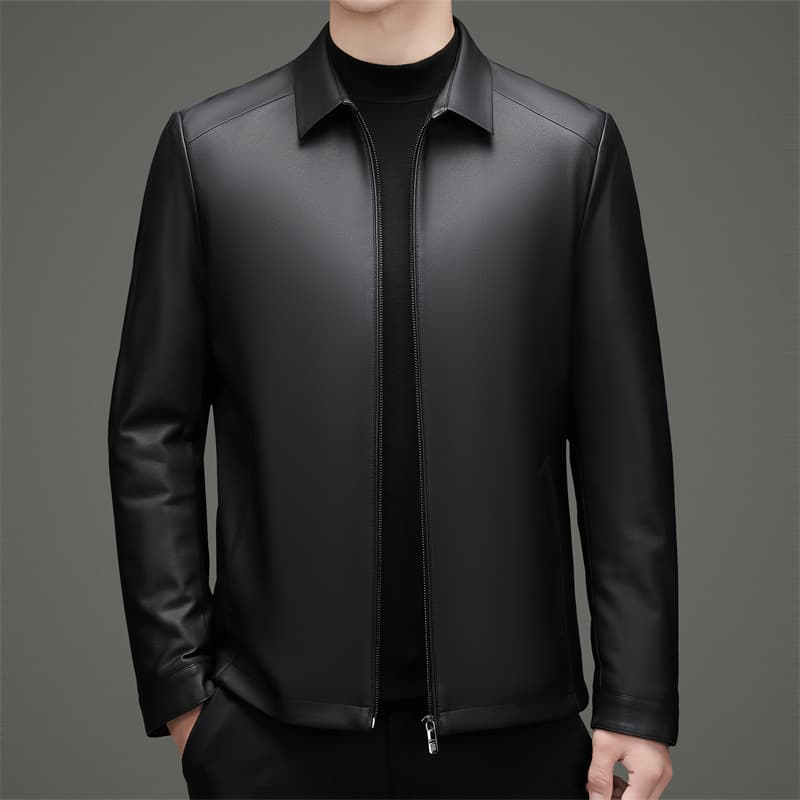 Haining Genuine Leather Sheepskin Jacket for Middle-Aged Men, Business Casual Style, Lapel Men's Leather Down Jacket