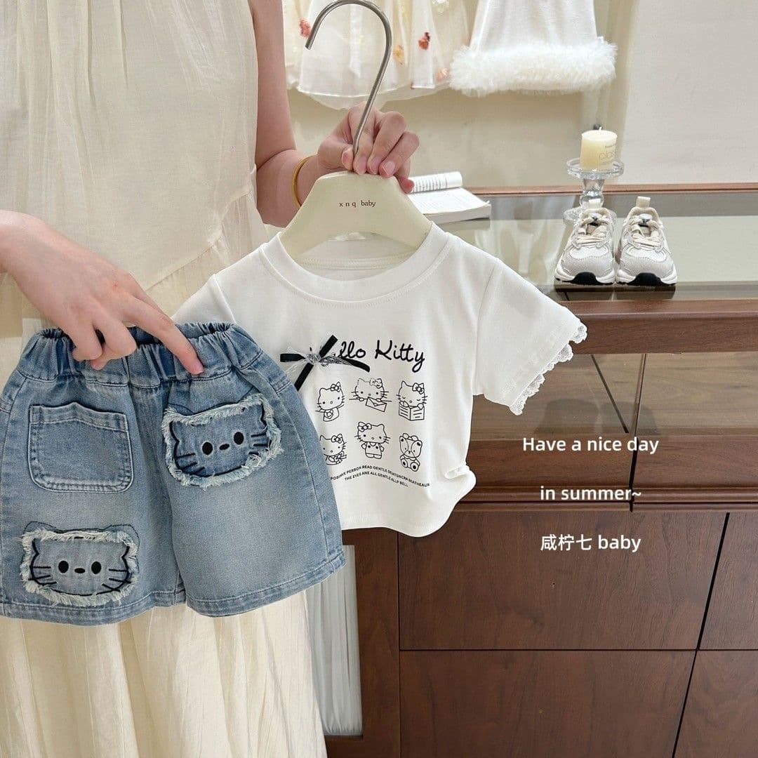 Girls denim shorts suit summer wear new children's summer outer wear casual five-point shorts suit