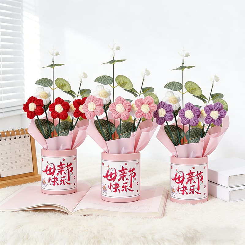 Mother's Day Gift Puff Flower Knitted Yarn Bouquet for Mom, Practical Gift Set, Mother's Day Present