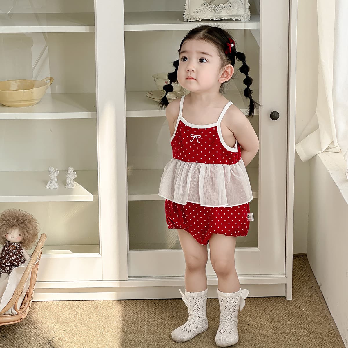 Dianxi baby clothes, summer clothes, polka dot suspender jumpsuits, baby girl's one-month-old princess, summer clothes, fart clothes