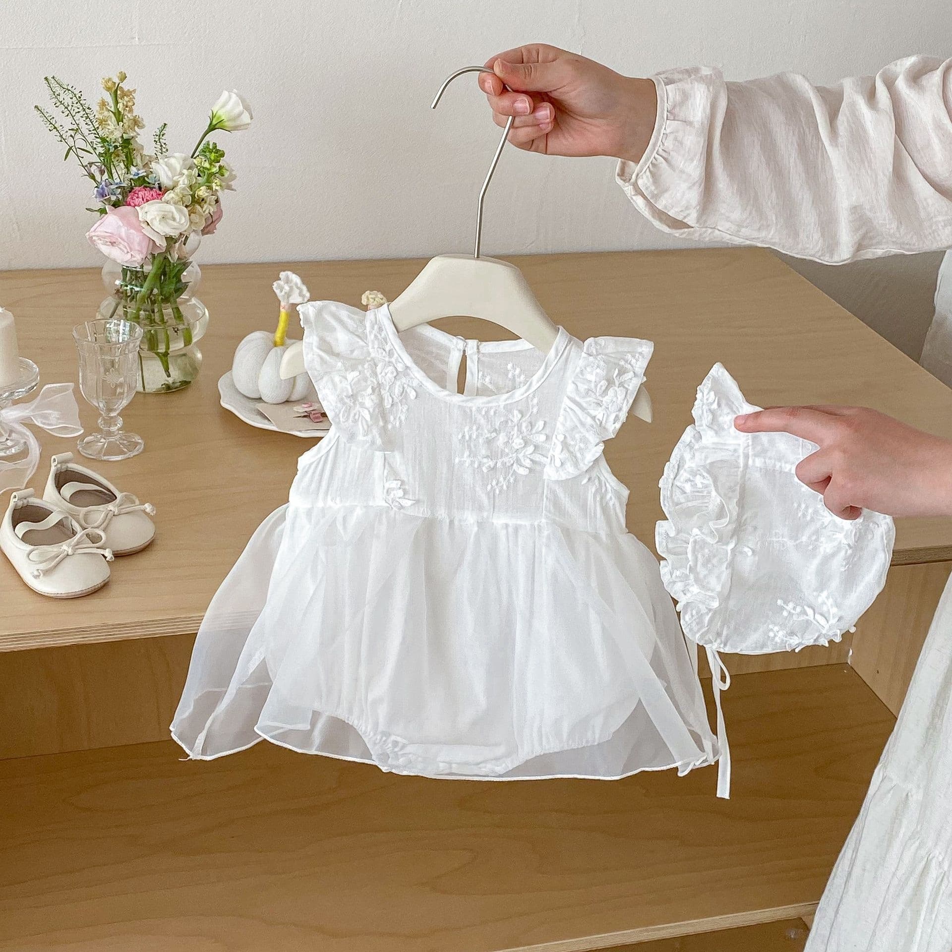 Baby Girl Summer Dress, Princess Gown for 100-Day Celebration, Butterfly Sleeve Mesh Tutu Dress, First Birthday Outfit