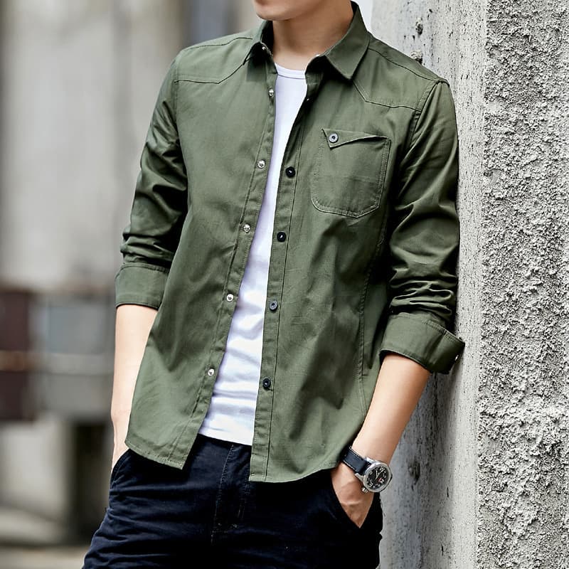 2023 Spring and Autumn New Men's Cotton Long Sleeve Shirt Korean Style Slim Fit Young Men's Spring Clothing Shirt Military Style Trend