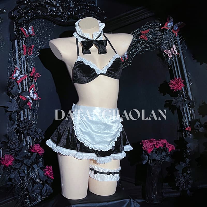 Sexy Lace Trim Role Play Uniform Set Three-Point Maid Costume Attractive Underwear for Women Special Use Clothing