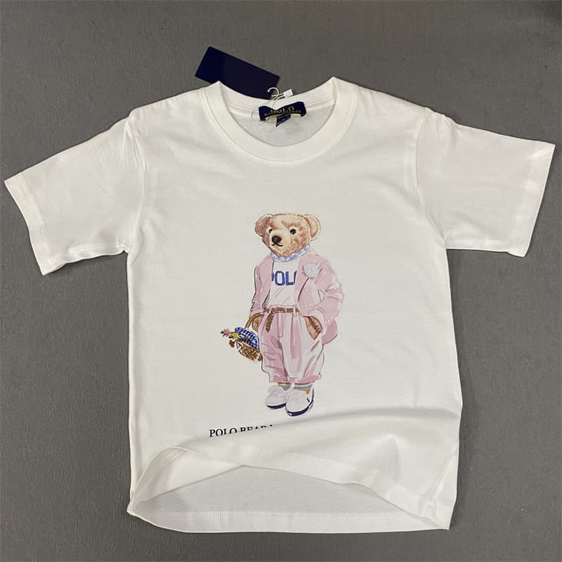 New Japanese and Korean Style Export RL Casual Pure Cotton Pink Suit Bear Boys T-Shirt Girls T-Shirt Children's Clothing Crew Neck