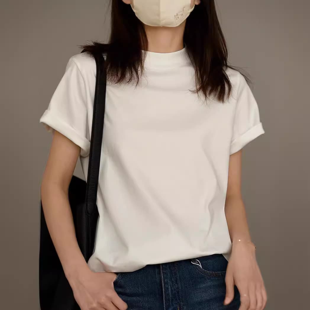 Shenzhen high-end designer minimalist style ~ comfortable round neck pure cotton short-sleeved T-shirt with center seam on the back for women ~ a must-see