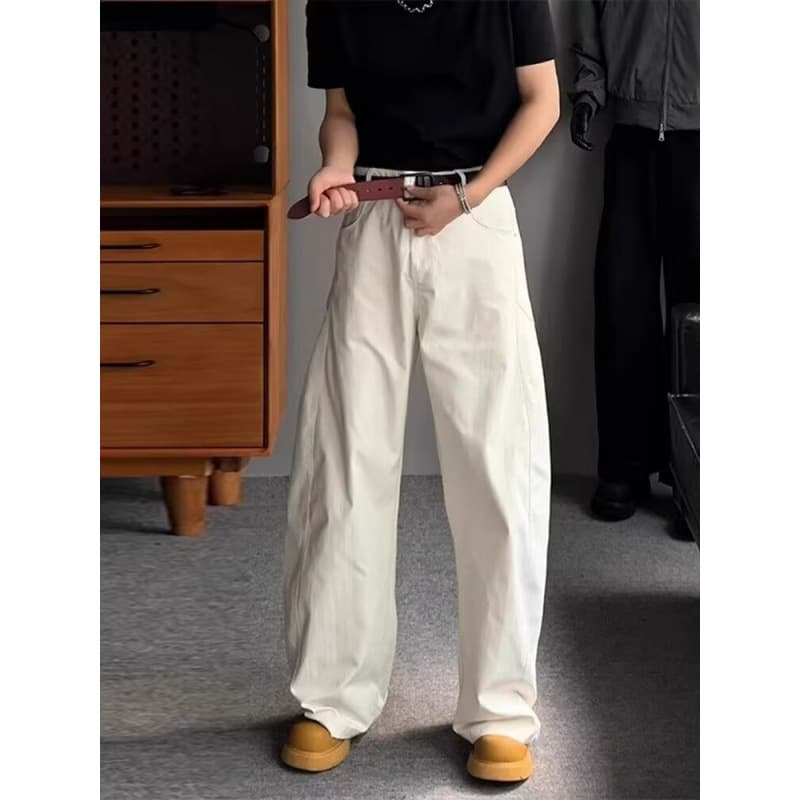 Men and Women Cream White Slightly Curved Pants, Men's Summer Thin Dress Pants Plus Size Cargo Pants Loose Wide Leg Casual Long Trousers