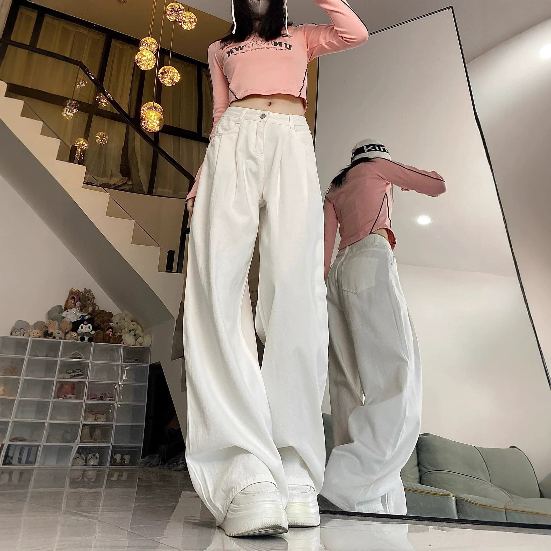 Korean Style White High-Waist Pleated Jeans for Women, New Summer Straight-Leg Slimming Loose Flowy Floor-Length Pants