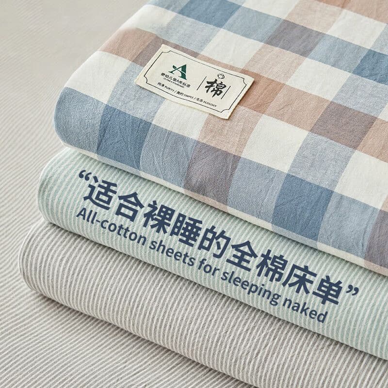 100% Cotton Yarn-Dyed Bed Sheet Single Piece, Pure Cotton Summer Home Dorm Single Double Washed Cotton Fitted Sheet Three-Piece Set