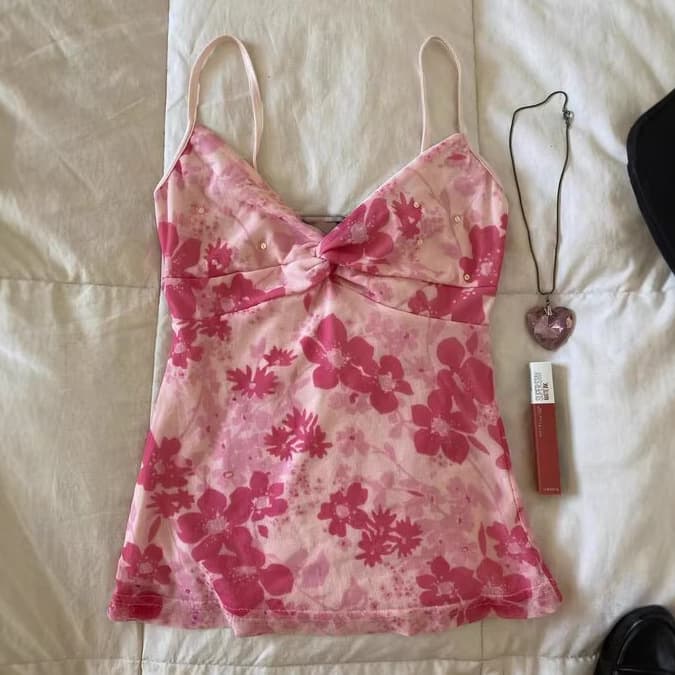 Cross-border European and American summer style sweet girl fashion versatile pink flower print sexy suspender INS vest hot girl top