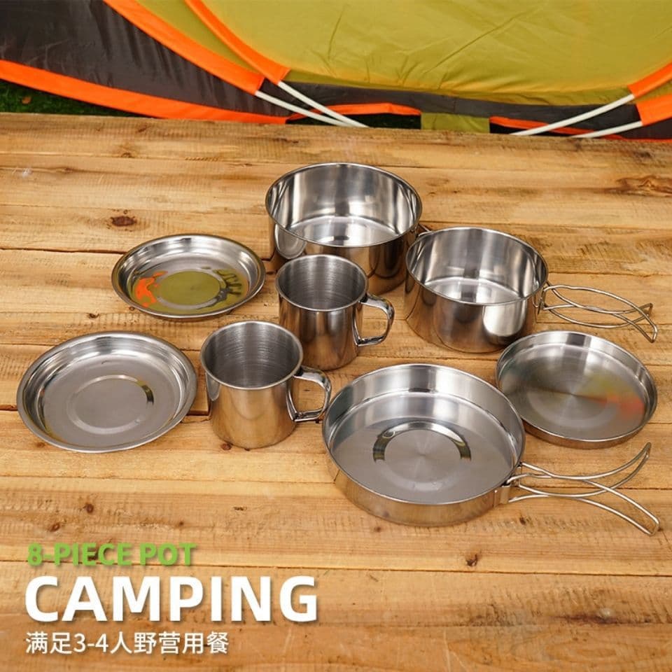 Outdoor Stainless Steel 8-Piece Cookware Set, Portable Folding Bowl and Barbecue Pot Combo for 5 People, Supply Source