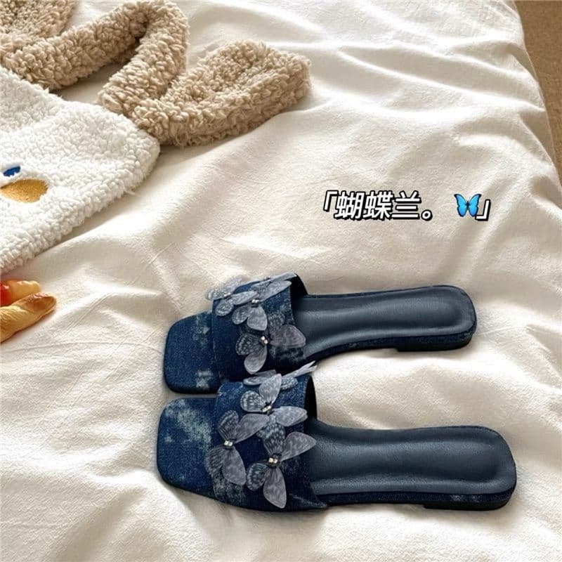 Summer French Breathable Women's Shoes Blue Denim Butterfly Decor Flat Sandals Retro One-Strap Flat Comfortable