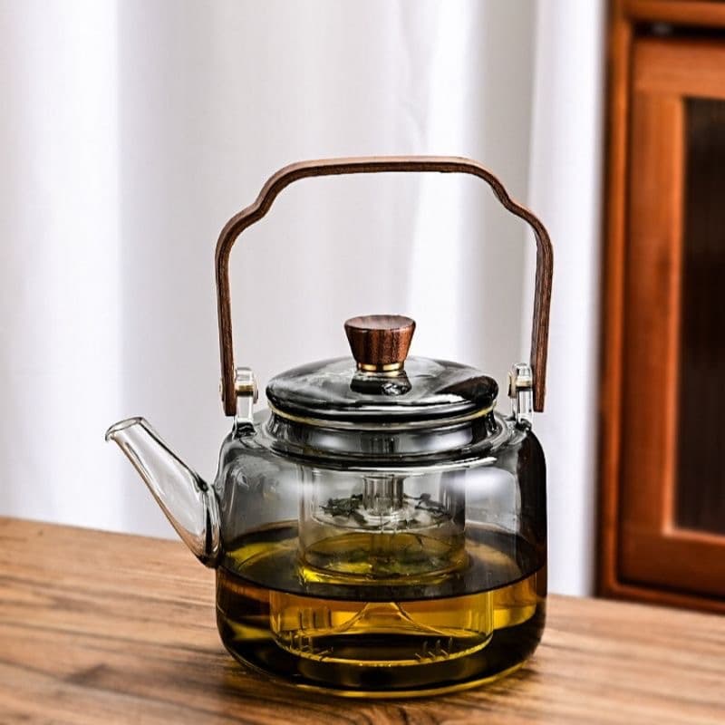 New transparent black soot teapot, simple stove-cooking teapot, steaming one-piece heat-resistant walnut wood handle kettle