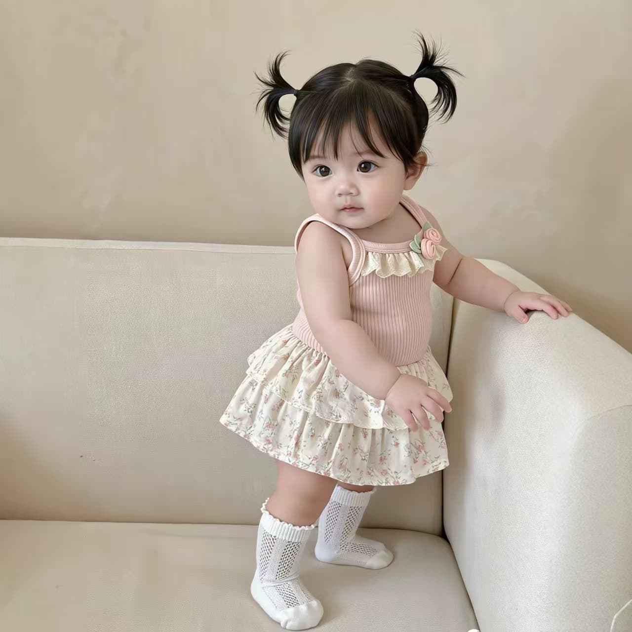 Girls summer new sleeveless skirt baby girl sweet and cute suspender knitted stitching floral bag fart cake skirt