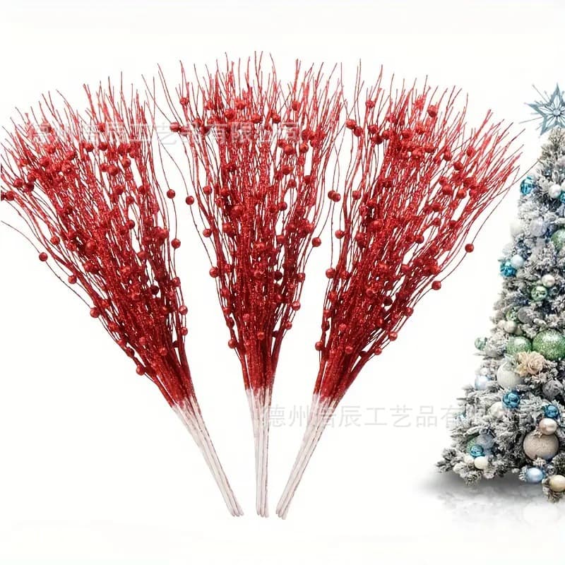 Cross-border Bestseller Curved Ribbon Berry Stem Christmas Glitter Insert Accessories Festival Celebration Artificial Flower Wholesale