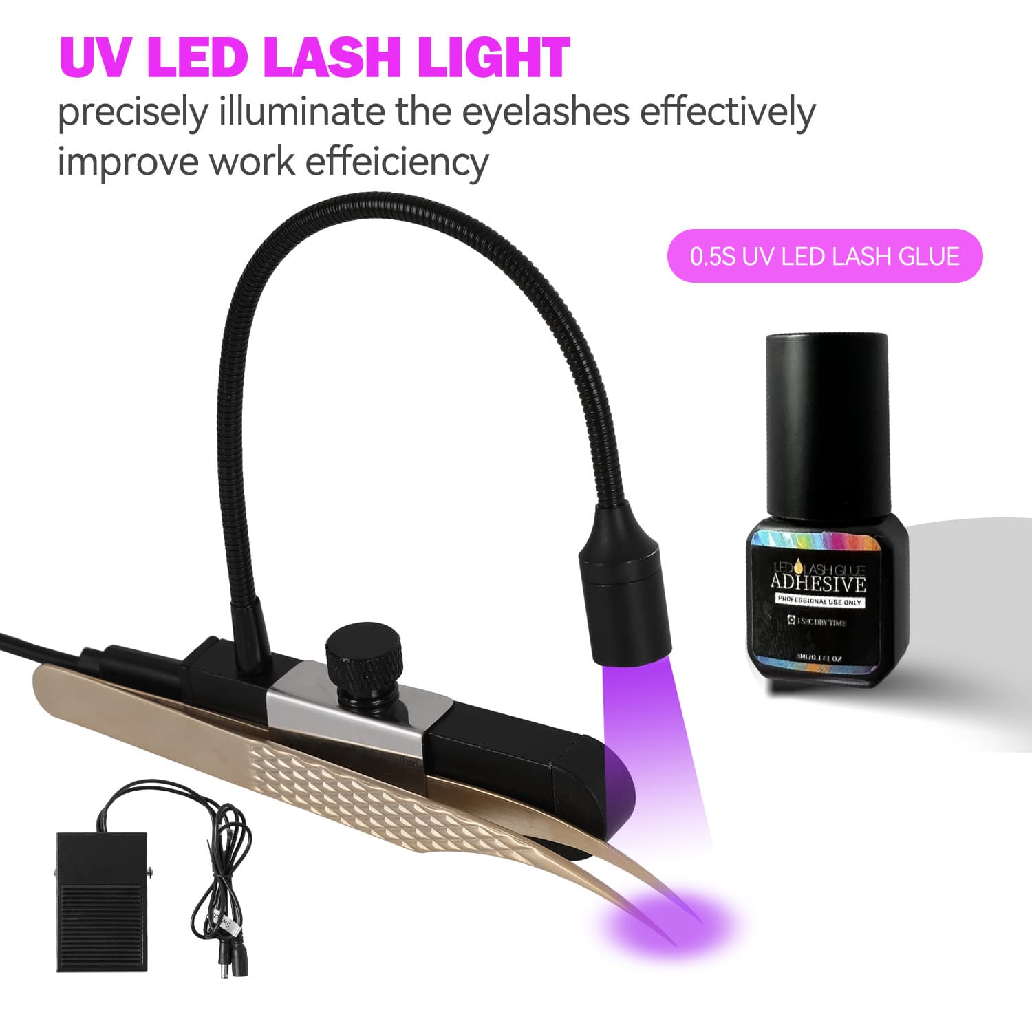2025 New Eyelash Tool UV LED Lamp Lash Glue Curing Low Noise Foot Switch Eyelash Extension Tweezers Lamp