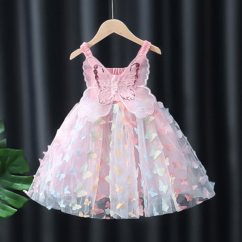 Foreign trade cross-border children's 3D butterfly wing halter top dress for girls, summer cool sleeveless puffy princess dress