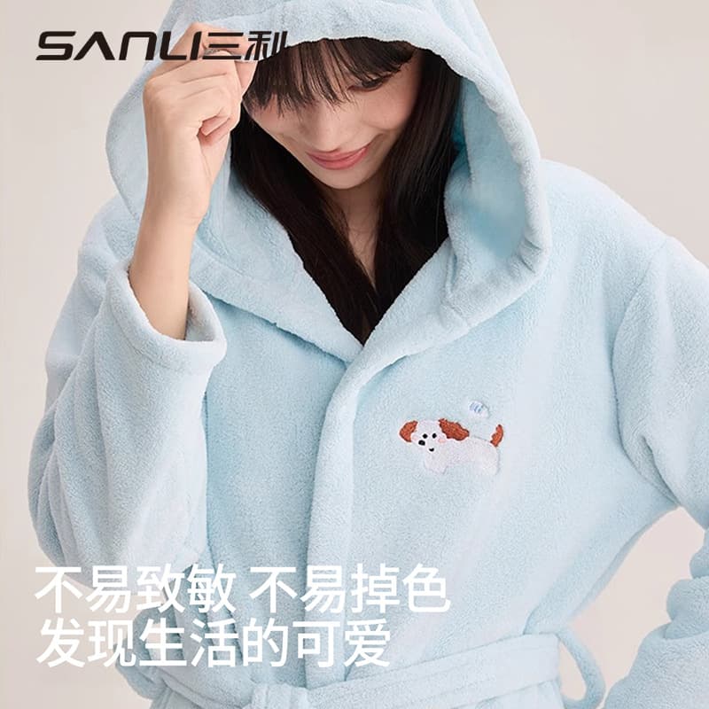 Sanli Coral Velvet Bathrobe for Adults, Absorbent Sleepwear, Couple's Hooded Bathrobe, Thickened Bath Towel, Cartoon Loungewear