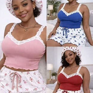 European and American Homewear Lace Trim Camisole Underwear Shorts Hat Set Comfortable Stretch Casual Sleepwear Women Sexy