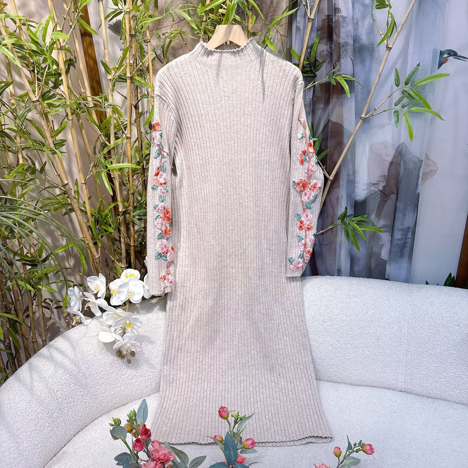 Thickened Autumn Winter New Midi Embroidered Loose Long-Sleeve Knit Base Layer Plus Size Sweater Dress Chinese Style
