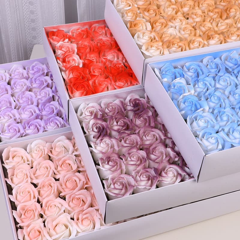 Spray-colored Gradient Rose, Broken Ice Blue, and Plum Sauce Soap Rose Heads Wholesale, Three-layer Splash Design for Valentine's Day Gifts