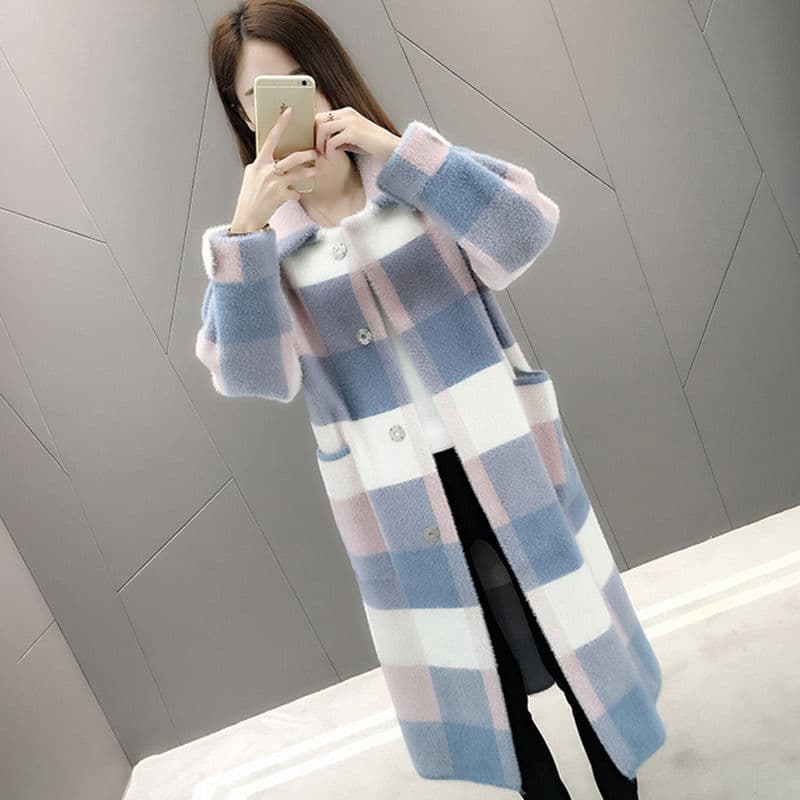 Early Spring New Faux Mink Square Collar Over-Knee Loose Plus Size Mid-Length Knit Cardigan Jacket Coat for Women Thick