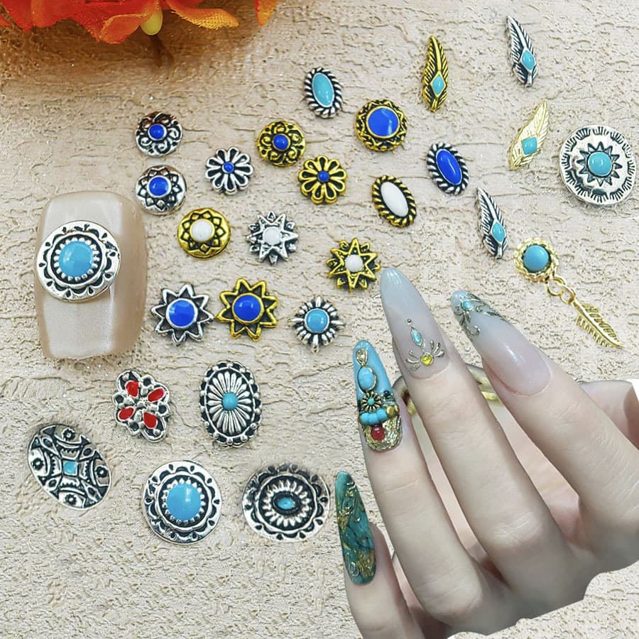 Cross-border Japanese Retro Palace Nail Art Jewelry Metal Oval Round Treasure Resin Drop Oil Imitation Turquoise Alloy Nails
