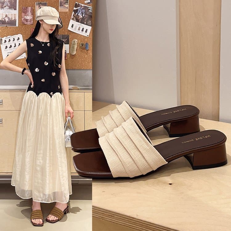 Vintage French Pleated Chunky Heel Sandals for Women, Summer 2026 Trendy Style, Elegant with Dresses, One-Band Slide