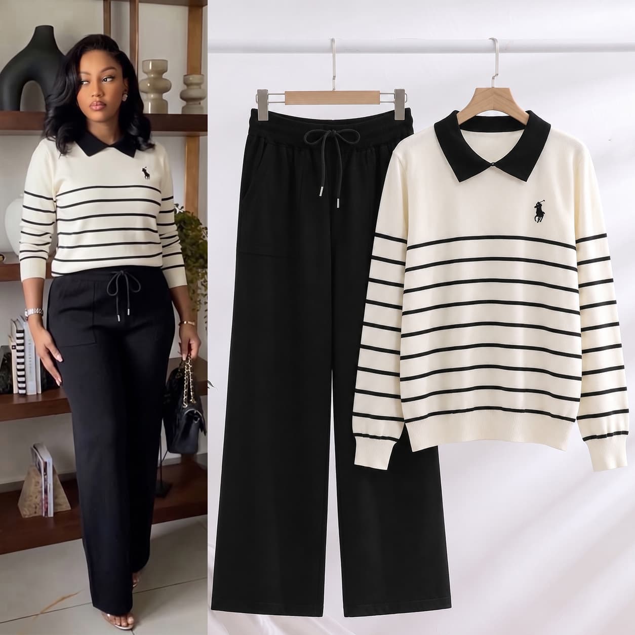 Export Autumn/Winter New Fashion Turn-down Collar Striped Knit Set Women Casual Wide-leg Pants Sweater Two-piece Set Trendy