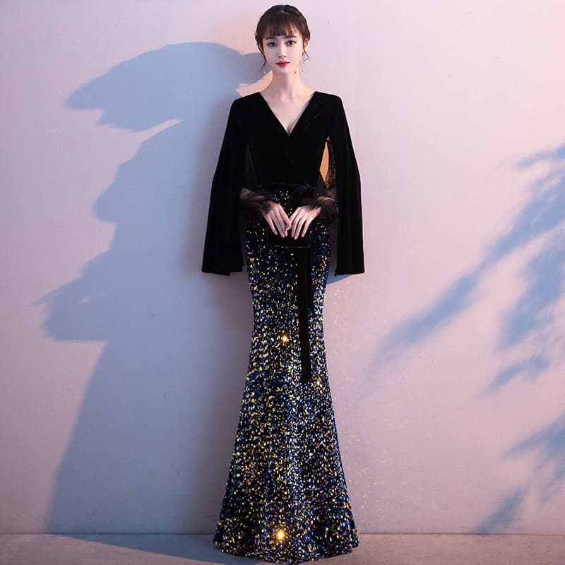 Black Evening Dress for Women 2026 New Style Elegant Fishtail Slim Long Dress for Annual Meeting Host Banquet Dress