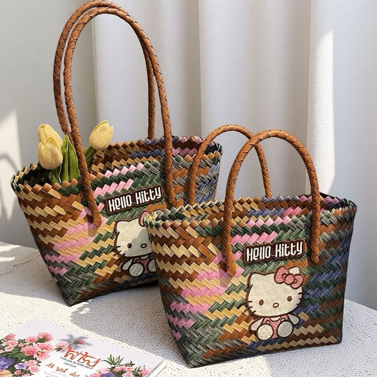Cartoon kt cat portable vegetable basket woven bag for women summer seaside vacation style rattan commuting bag hand-held beach bag