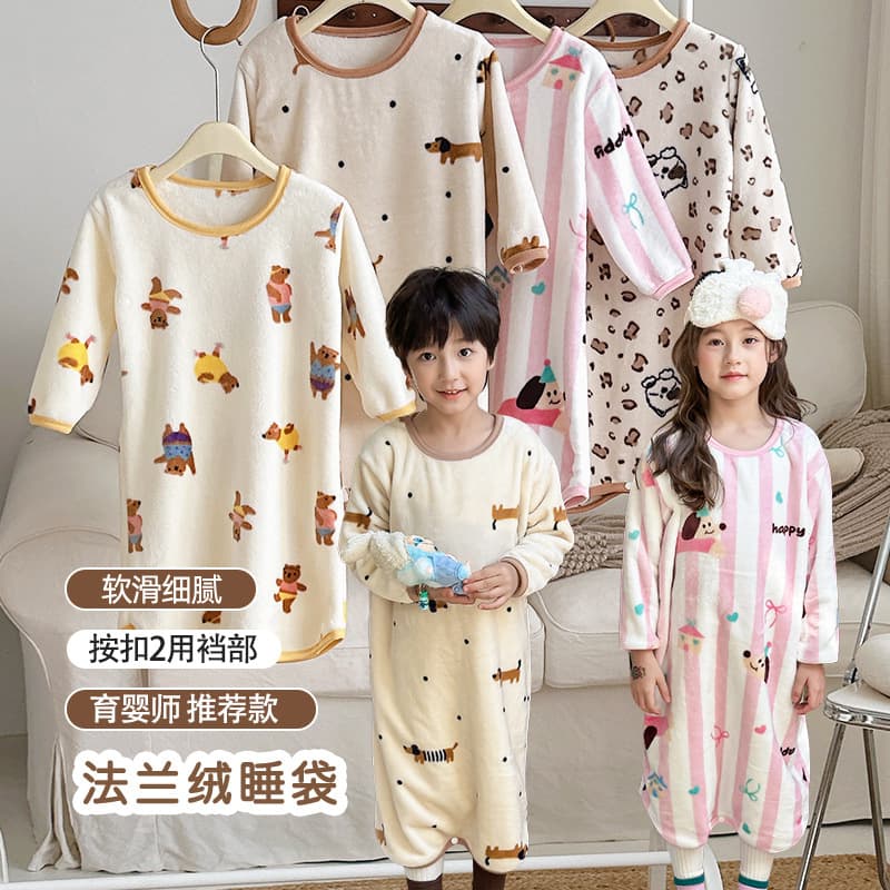 25 Children's Warm Flannel Romper Pajamas, 2-Way Crotch Sleepsack/Nightgown for Toddlers, Thickened Belly Protection Home Wear