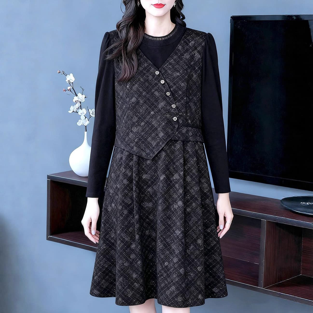 2025 Autumn/Winter New Fashionable Faux Two-Piece Plaid Long-Sleeved Knit Sweater Patchwork Plus Size Dress Women's Clothing
