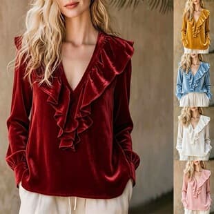 2026 Fall New Velvet V-Neck Ruffle Elegant Blouse for Women, Amazon Cross-Border