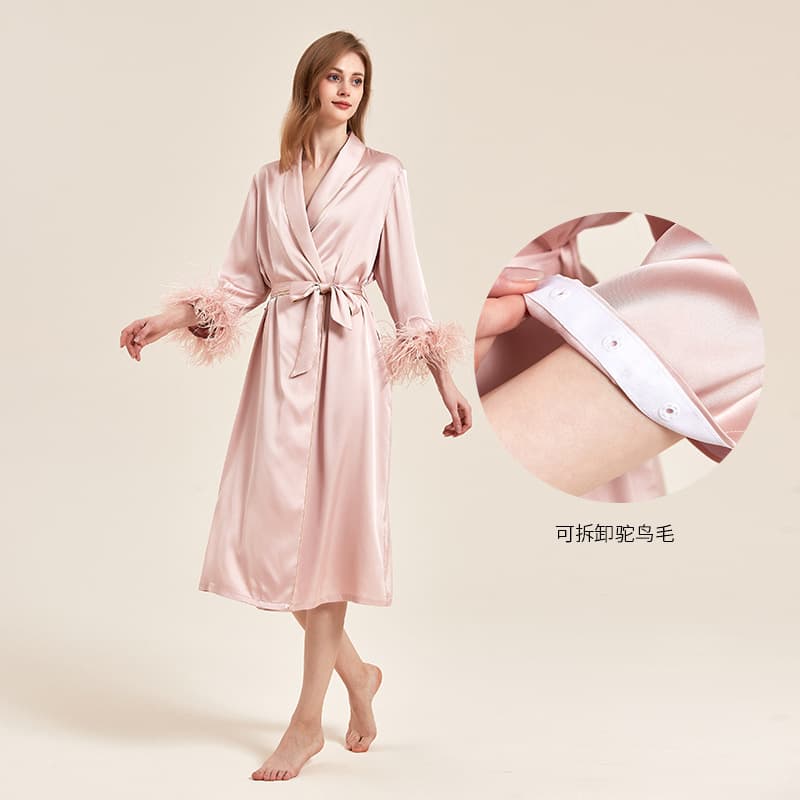 Women's Dreamy Pajamas, Autumn New Arrival, Wedding Bride, Ice Silk Satin, Feather Decoration on Cuffs, Wedding Morning Robe/Nightgown