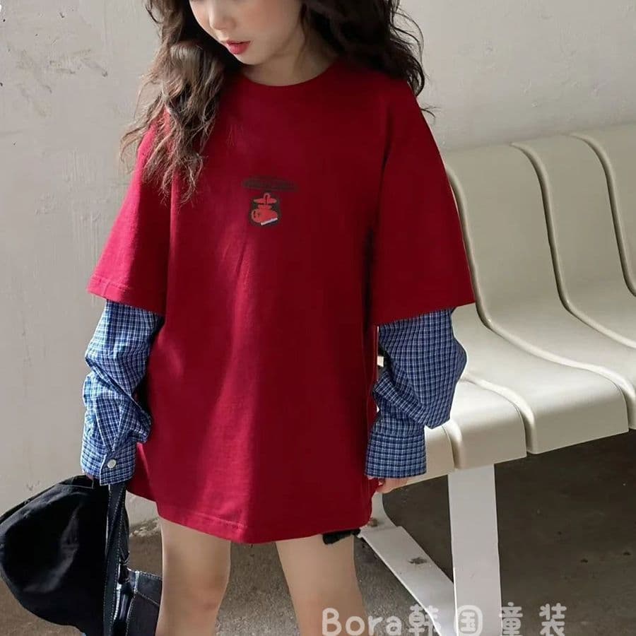 Girls' sweatshirt, two-piece design, long-sleeved top, spring style, 2025 new style, pullover top for older children, suitable for outer wear, spandex.