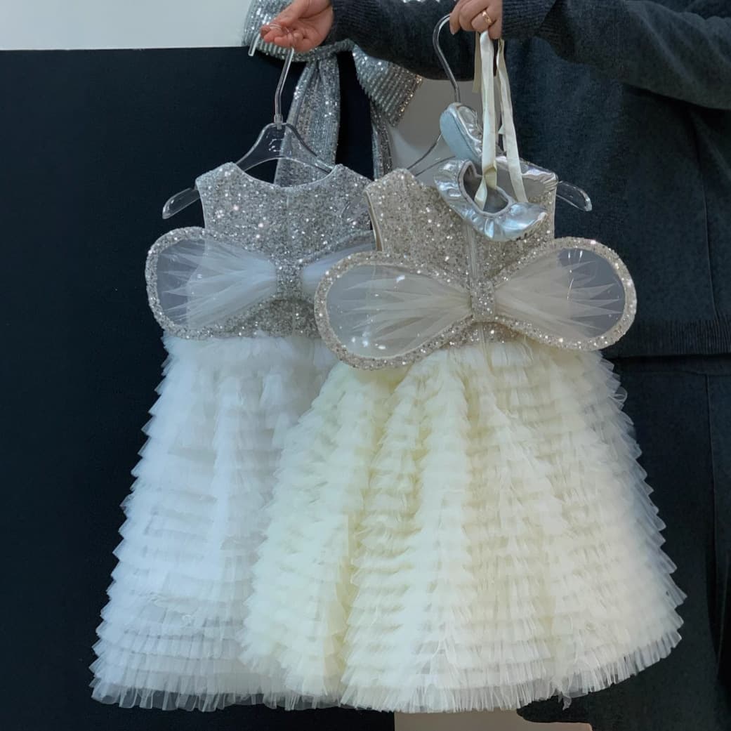 Girls Princess Dress 2026 Spring Summer Sweet Mesh Cake Dress Angel Wings Birthday Party Dress