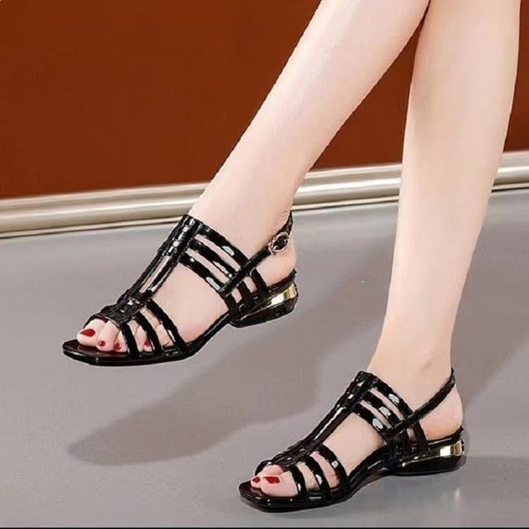 Patent Leather Hollow Flat Sandals for Women 2026 New Low Heel Summer Women's Shoes Flat Soft Sole Roman Sandals Plus Size