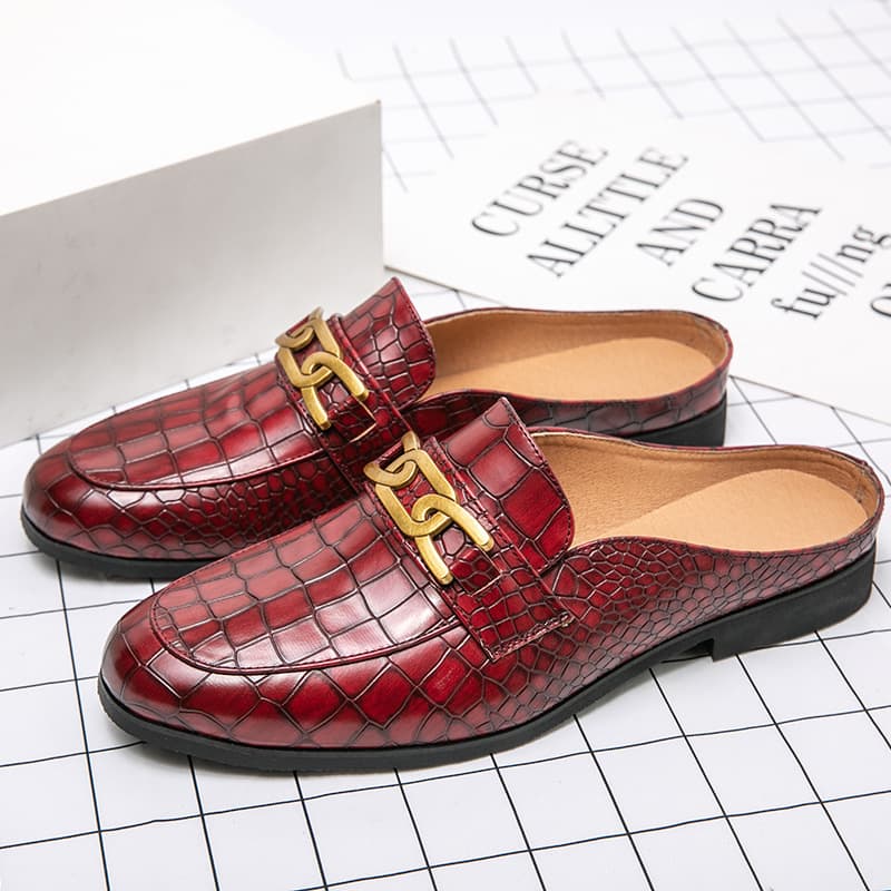 Alligator Grain Closed-Toe Slippers for Teens, Casual Half Slippers for Men, Autumn Loafers, Cross-Border Joom Half Leather Shoes