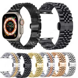 Suitable for Apple Watch9 strap iwatch8/SE stainless steel five-bead butterfly buckle metal chain steel strap