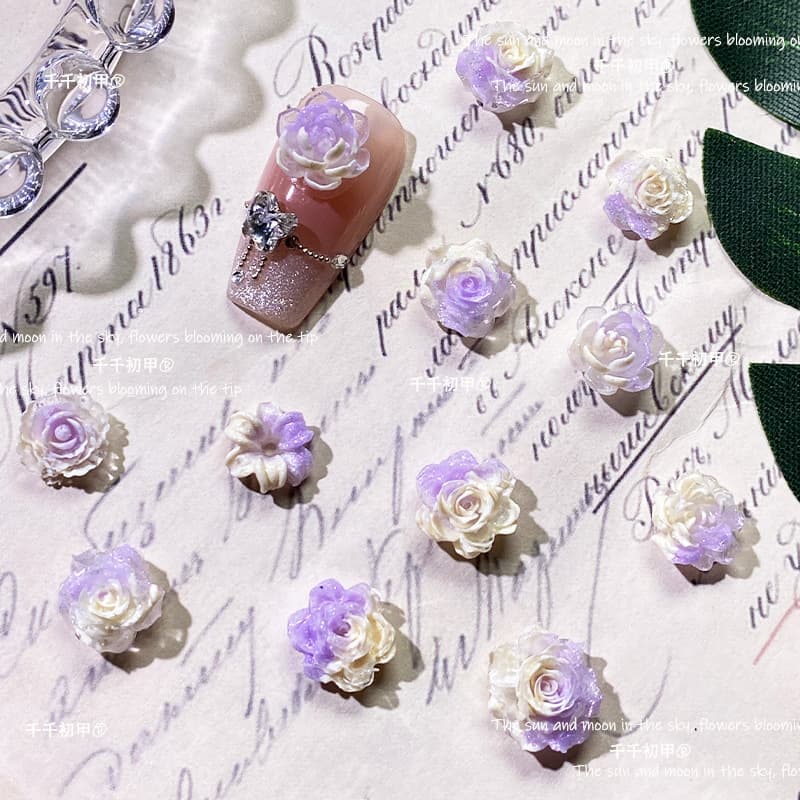 Ins style purple and yellow two-color blooming rose nail art jewelry soft glue flower sea bracelet perforation material DIY nail art accessories