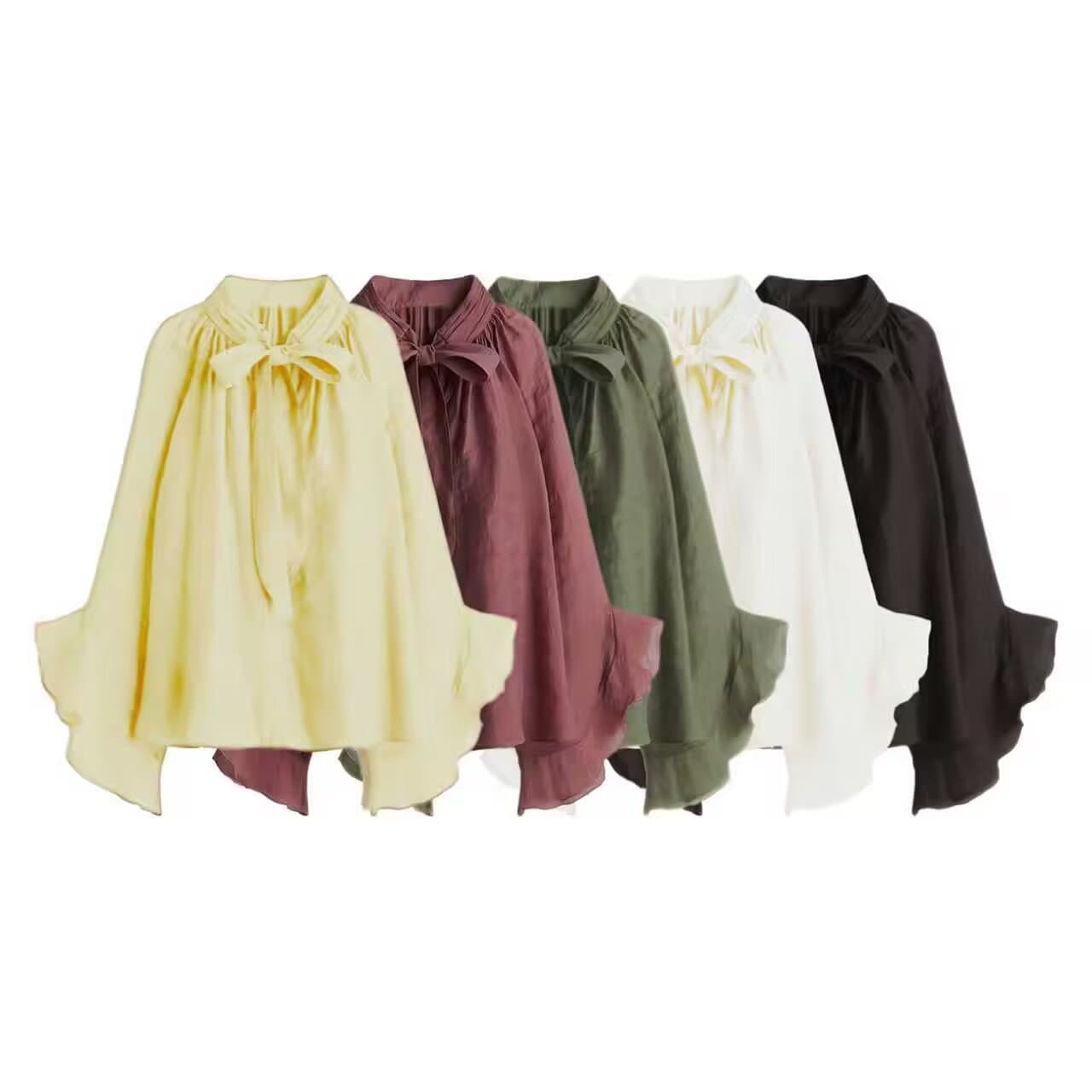 Cross-border Women's 2025 Fall European and American Style Tie-neck Flared Sleeve Loose Solid Color Blouse Top F825127F
