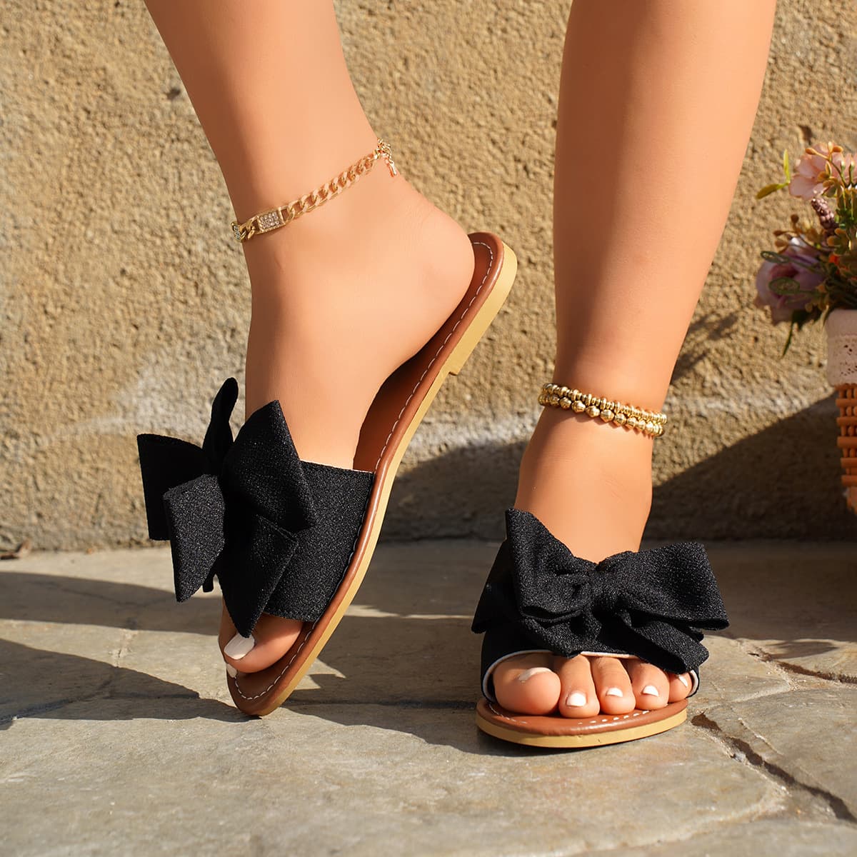 Women's Bow Flat Slippers, Round Toe, One-Band Casual Home Sandals