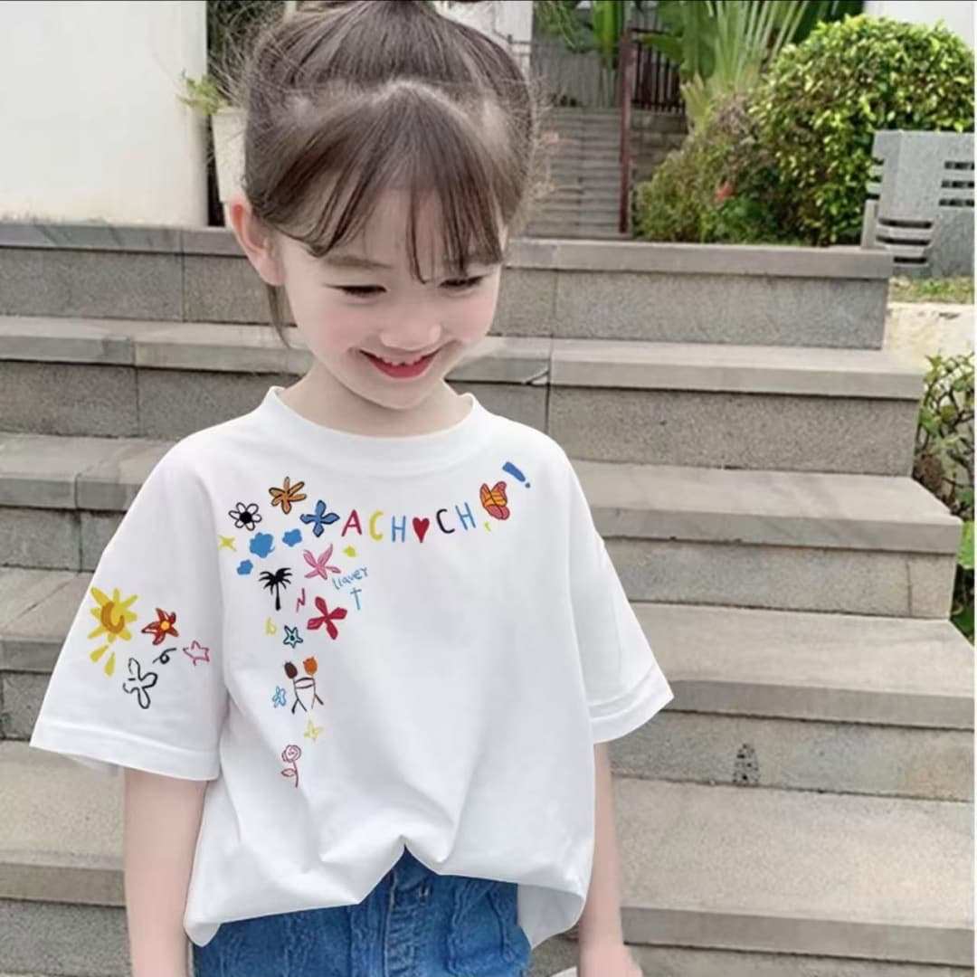 Girls' Cotton Short Sleeve Summer New Children's Graffiti Print Loose Versatile Top T-Shirt for Middle and Big Kids