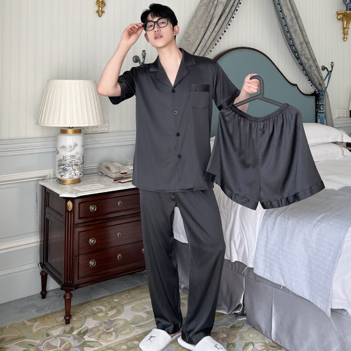 Spring/Summer New Silver Thread Men's Pajama Short Sleeve Thin Cardigan Lapel High-End Simple Casual Plus Size Homewear