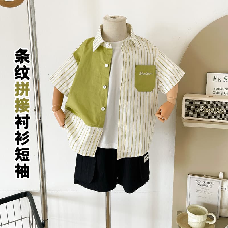 Valley of the Wind 2026 Summer New Japanese Kids Striped Shirt Spliced Short Sleeve Fashionable Boys Half Sleeve Blouse New Arrival