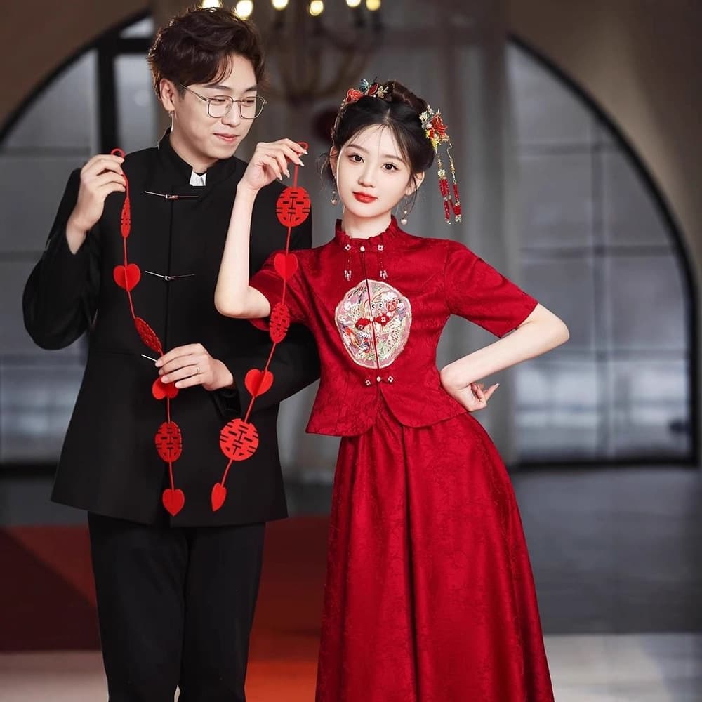 New Chinese-Style Wedding Toast Dress for Bride, Spring/Autumn Wine Red, Two-Piece Set, 2025 New Arrival