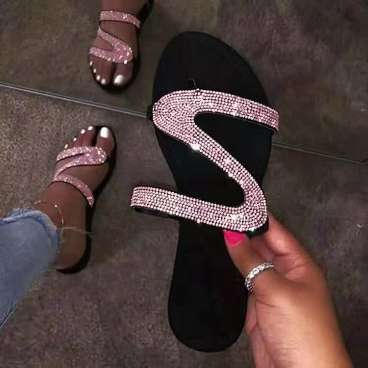 Overseas Trade 2026 Plus Size Flat Sandals Z-shaped Rhinestone Toe Clip European and American Toe Loop Casual Outdoor Beach Women's Shoes